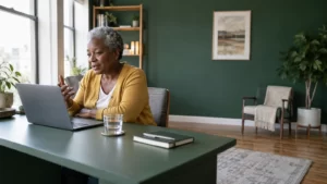 Fictional older woman speaking by laptop at a green home desk