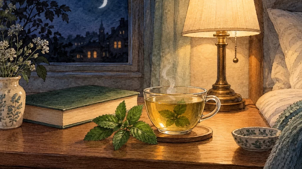 Watercolor cup of herbal tea with mint leaves, a book and a reading lamp