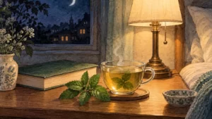 Watercolor cup of herbal tea with mint leaves, a book and a reading lamp