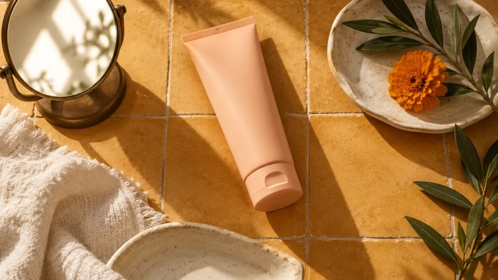 Plain skincare tube with a mirror and cloth on an ochre surface