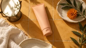 Plain skincare tube with a mirror and cloth on an ochre surface