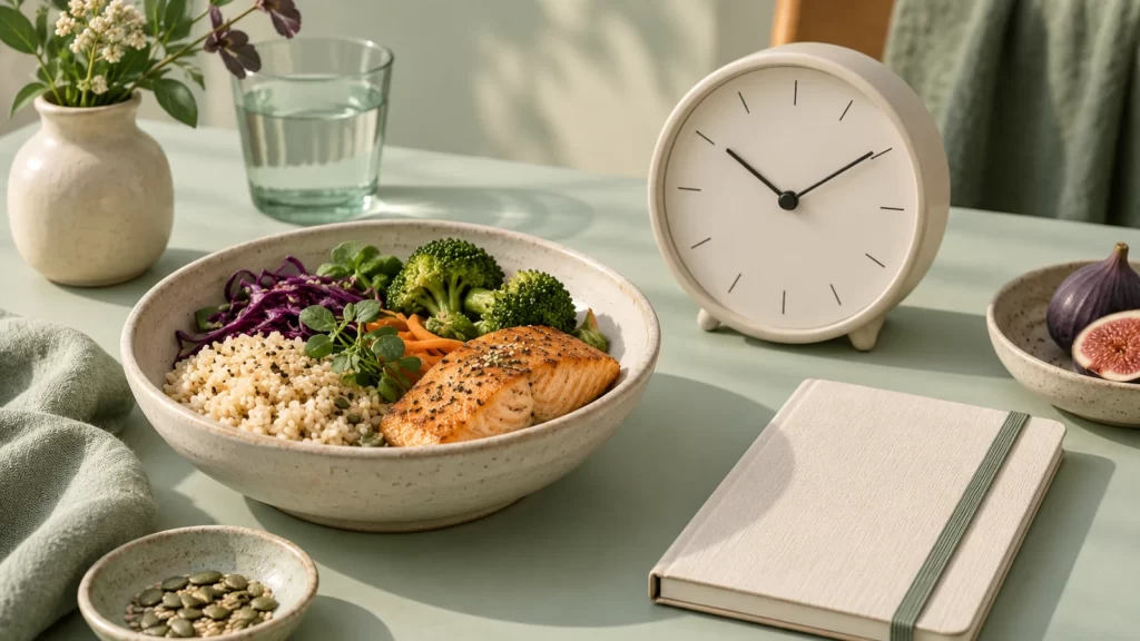 Small meal, clock and notebook arranged on a sage-colored table
