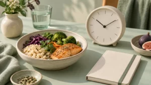 Small meal, clock and notebook arranged on a sage-colored table