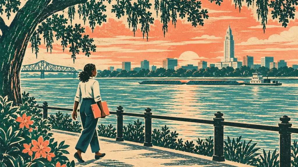Illustrated riverside scene evoking Baton Rouge with a person carrying a folder