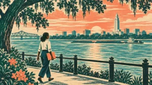 Illustrated riverside scene evoking Baton Rouge with a person carrying a folder