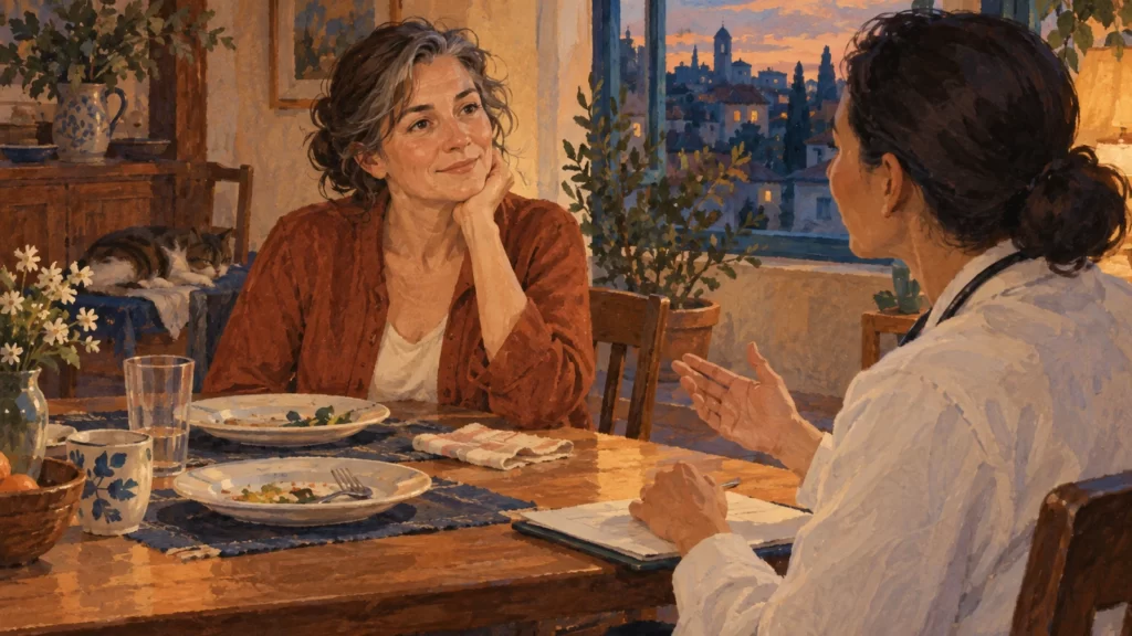 Painted fictional woman discussing symptoms with a clinician at a dining table