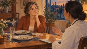 Painted fictional woman discussing symptoms with a clinician at a dining table