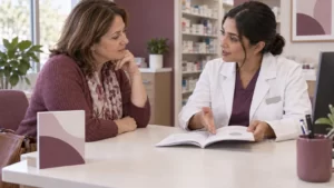 Fictional woman and pharmacist reviewing an instruction booklet