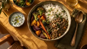 Overhead view of rice, lentils and vegetables in a ceramic bowl on golden linen.