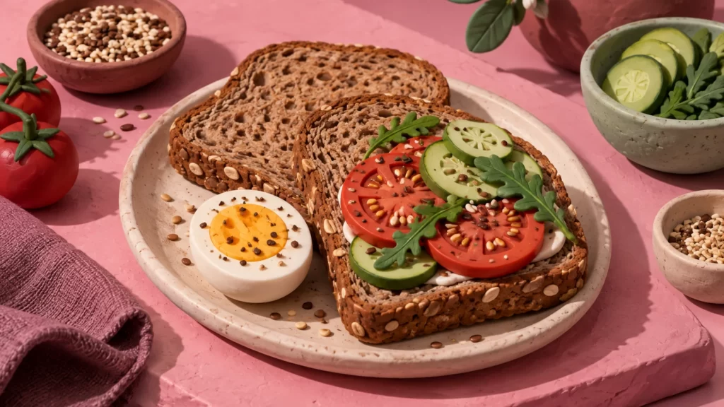 Sculptural bread-and-vegetable still life with egg, tomato and cucumber on a pink surface.