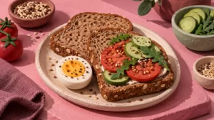 Sculptural bread-and-vegetable still life with egg, tomato and cucumber on a pink surface.
