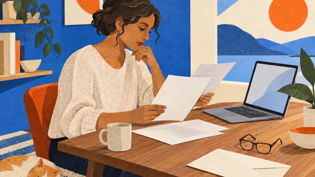 Paper-collage illustration of a woman reviewing papers beside a laptop at a blue and orange home desk.
