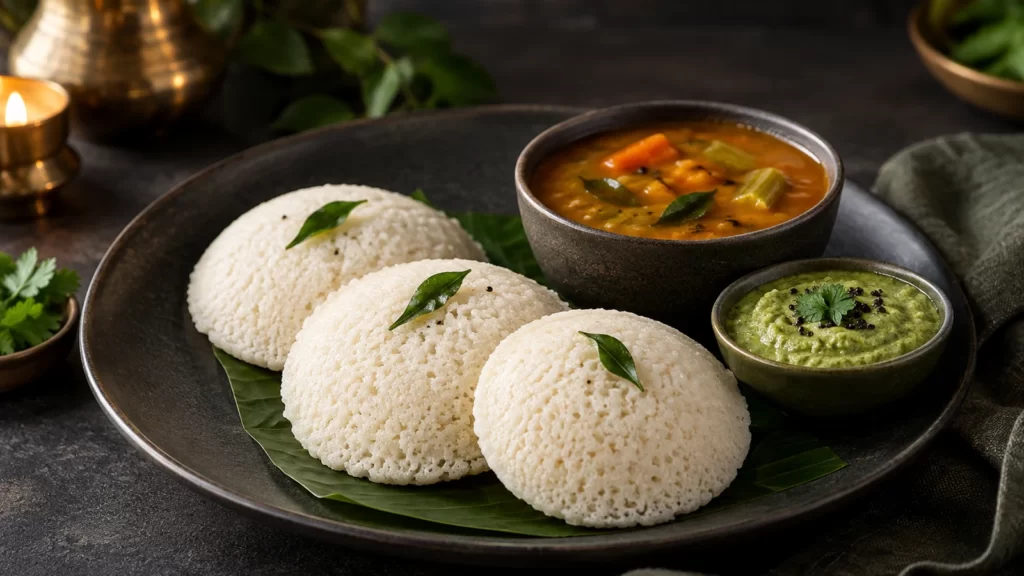 Three steamed idli on a charcoal plate beside sambar and green chutney.
