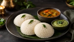 Three steamed idli on a charcoal plate beside sambar and green chutney.