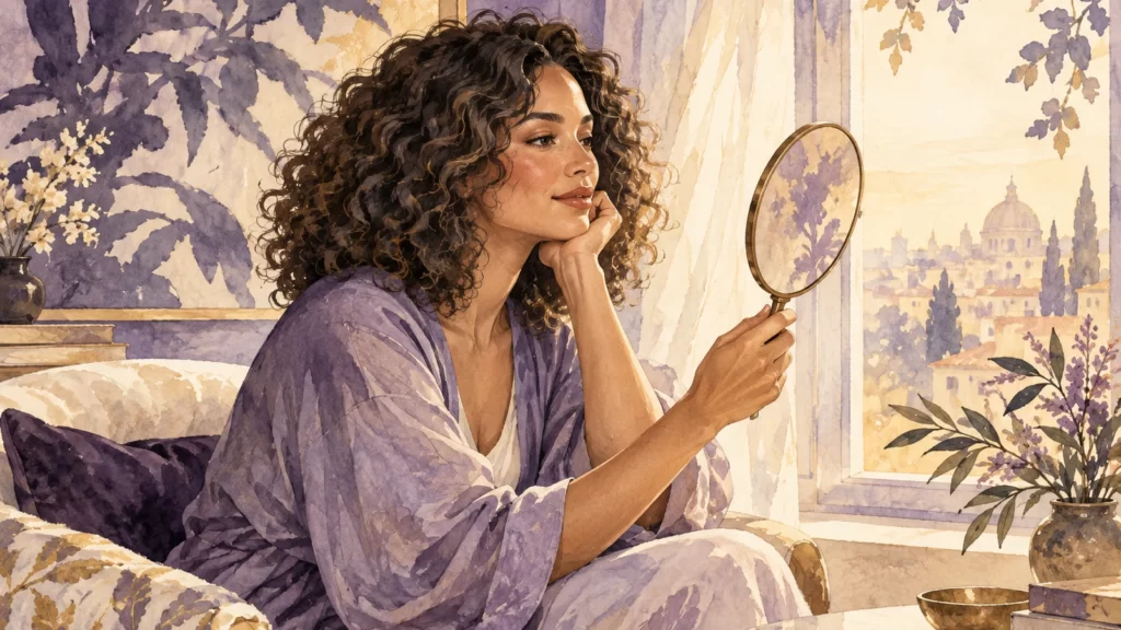 Violet and gold watercolor illustration of a curly-haired woman holding a mirror near a window.