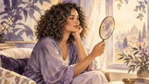 Violet and gold watercolor illustration of a curly-haired woman holding a mirror near a window.