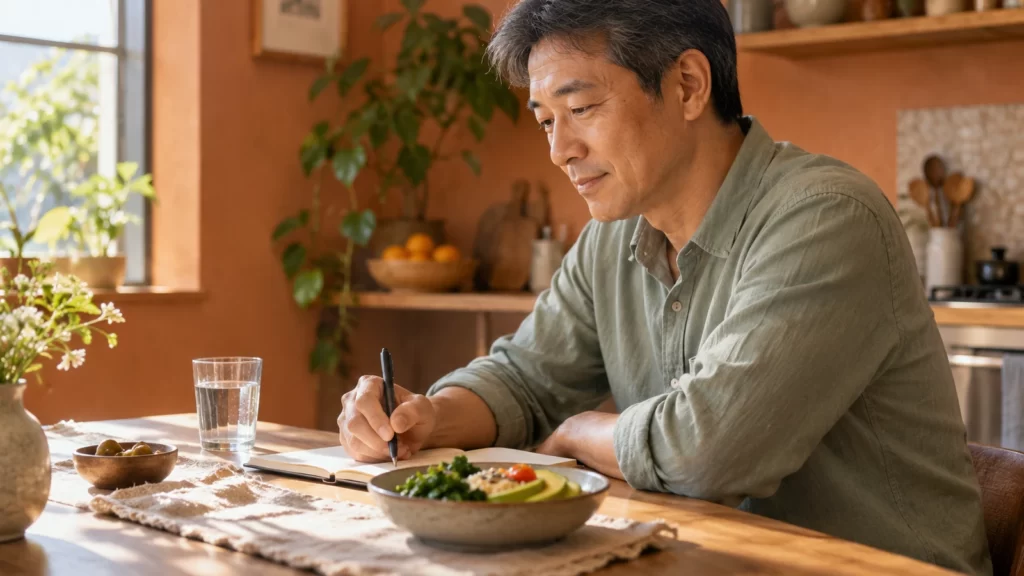 Man writing in a notebook at a warm-colored kitchen table beside water and a meal.