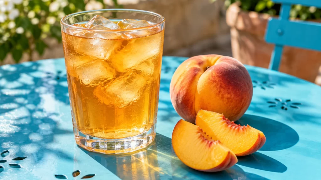 Glass of iced tea beside a peach and peach slices on a turquoise table.