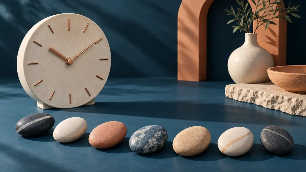 Ceramic clock beside seven smooth stones on a deep blue surface.