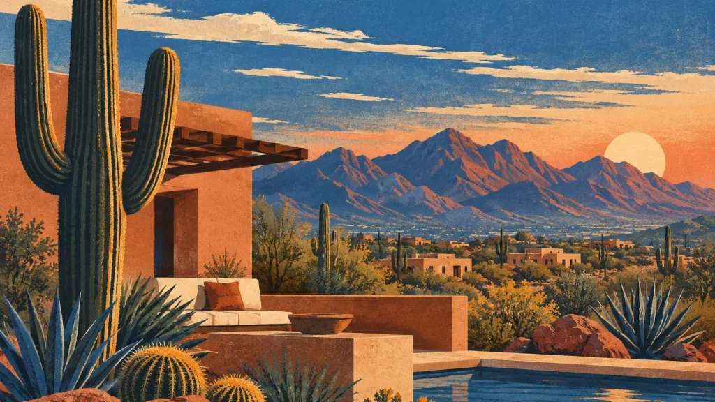 Rust and blue screenprint-style desert landscape with saguaros, low buildings and distant mountains.