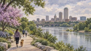 Gouache-style riverside path with walkers, trees and a distant skyline inspired by Tulsa.