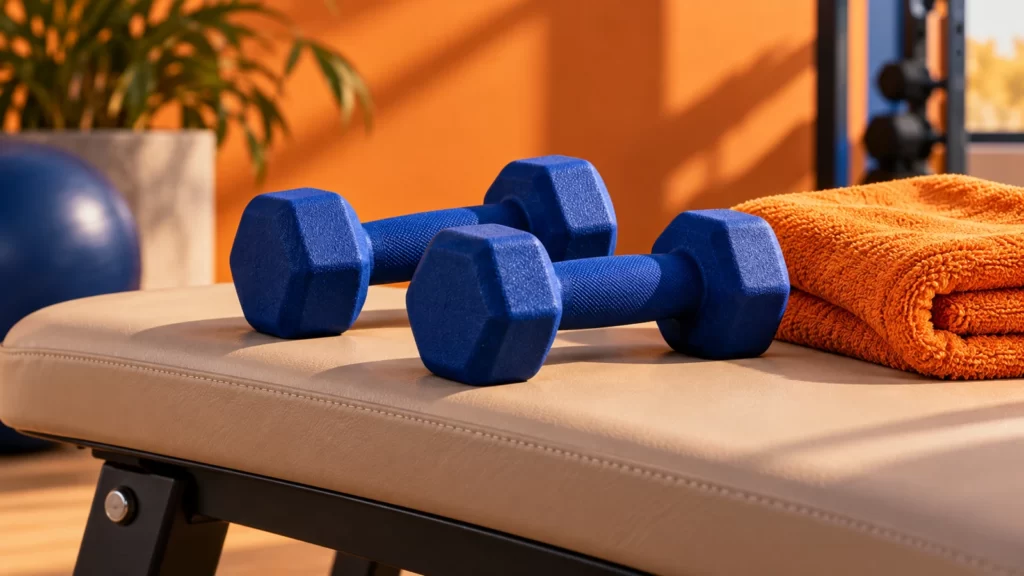 Ultramarine dumbbells and an orange towel on a gym bench.