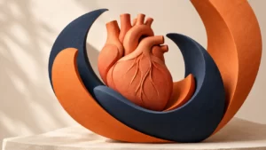 An orange sculptural heart sits within curved navy and orange paper forms.