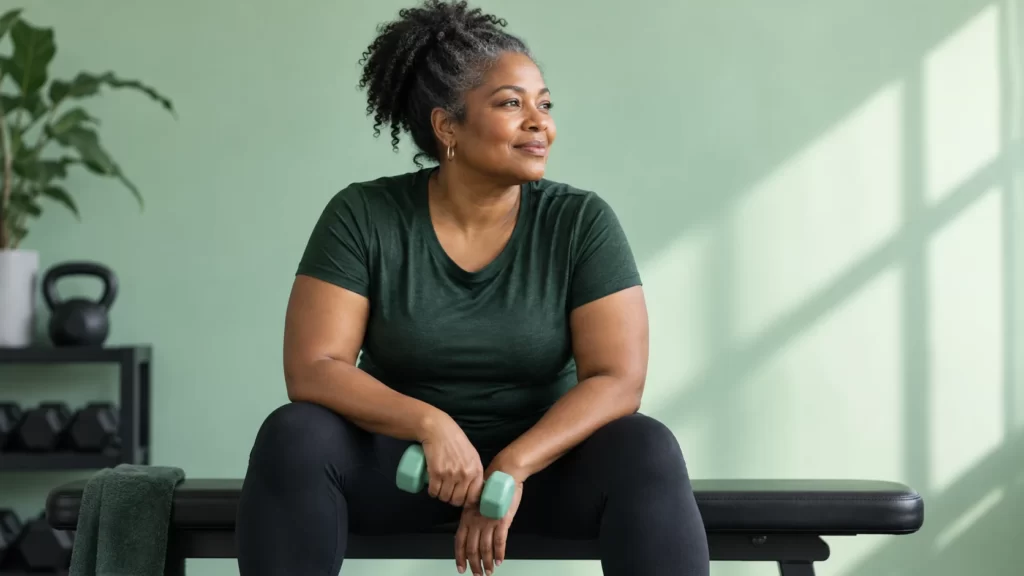 A fictional midlife woman in a forest-green shirt holds a small mint dumbbell on a gym bench.