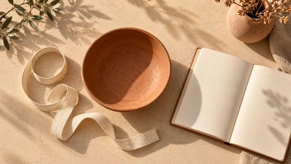 A terracotta bowl, unmarked cloth tape, and open notebook form an overhead still life.