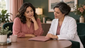 A fictional midlife woman and clinician discuss a closed folder in a rose and green room.