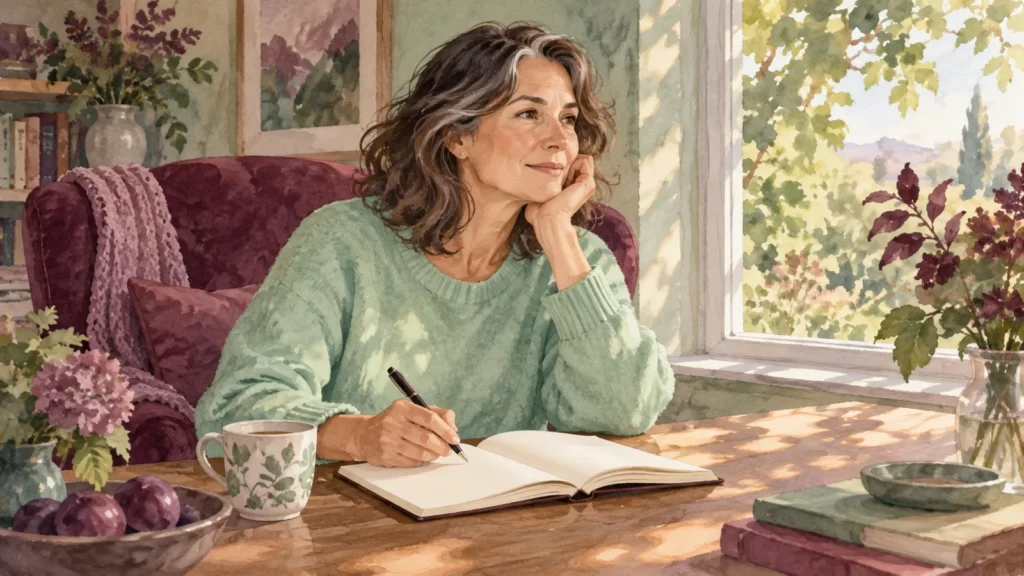 Watercolor of a fictional midlife woman with a blank journal by a window, in mint and mulberry colors.
