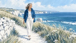 A painterly illustration shows a midlife woman in blue walking a bright coastal path.