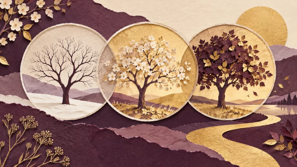 Plum and pale-gold paper collage showing a tree in three seasonal scenes.