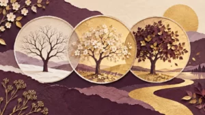 Plum and pale-gold paper collage showing a tree in three seasonal scenes.