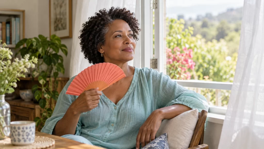 A fictional woman holds a coral fan beside an open window, wearing a turquoise blouse.