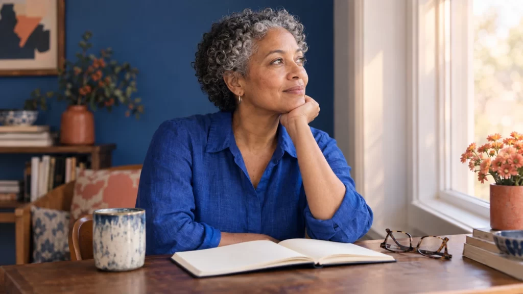 A thoughtful midlife woman in a cobalt-blue shirt sits beside a sunlit window with an open notebook and reading glasses.