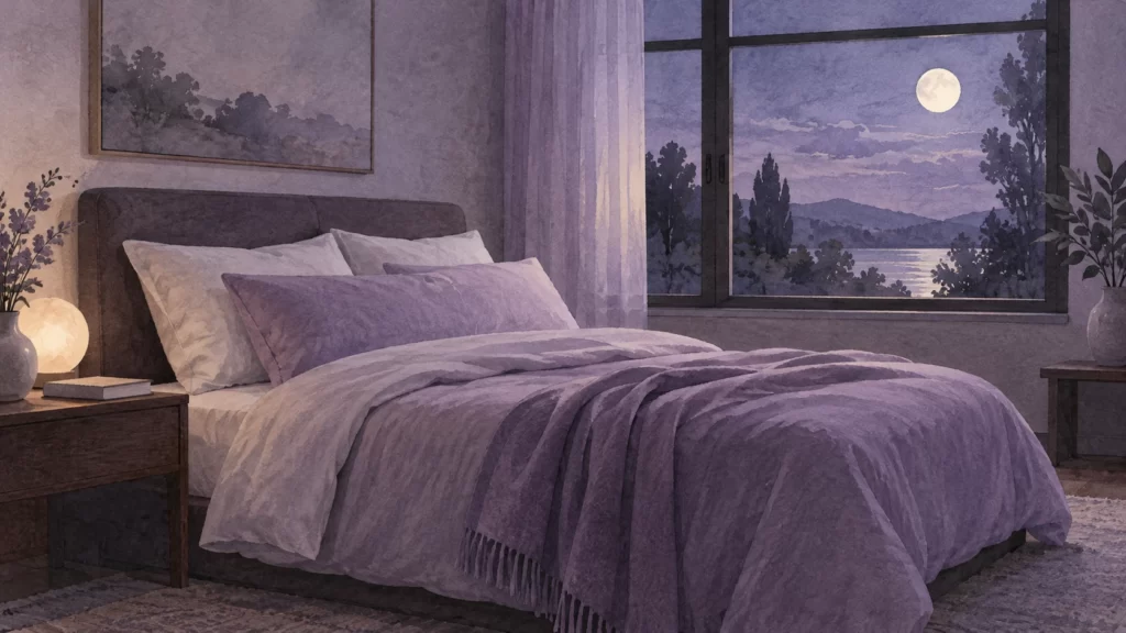 A watercolor bedroom at dusk with lilac bedding and a charcoal window frame.