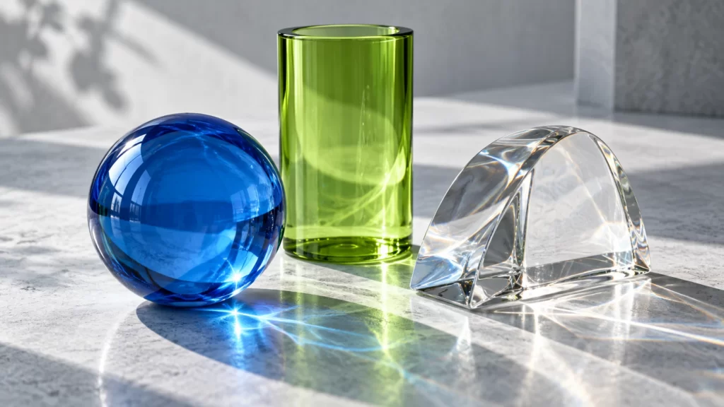 Blue, lime-green, and clear glass forms on a pale scientific-editorial surface.