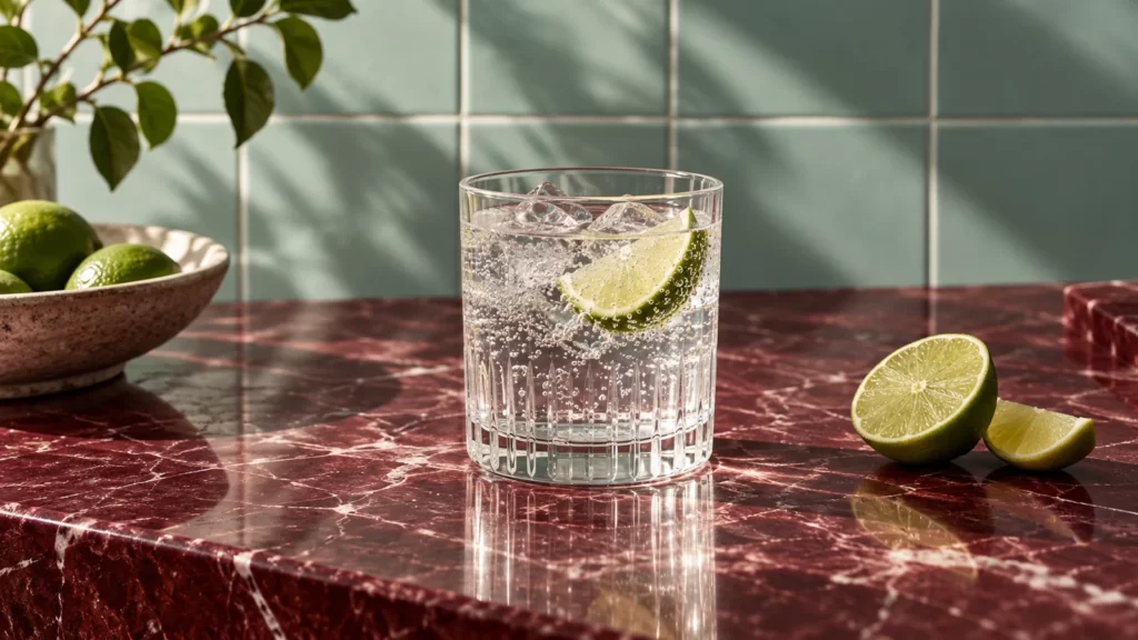 Sparkling water and lime on a burgundy counter with seafoam tiles.