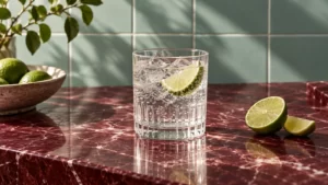 Sparkling water and lime on a burgundy counter with seafoam tiles.
