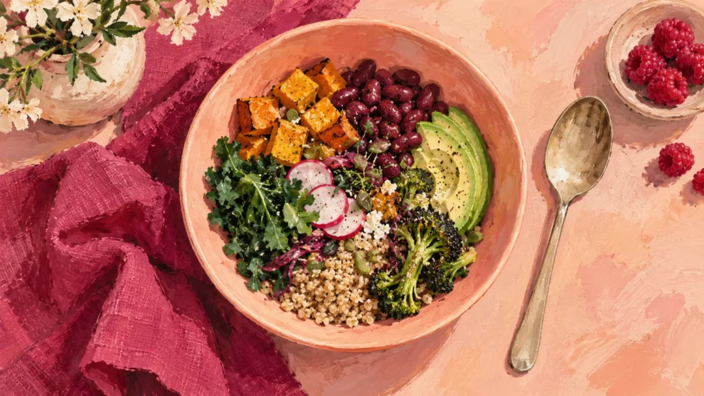 A gouache illustration of vegetables, beans, and grains in a peach bowl beside raspberry linen.