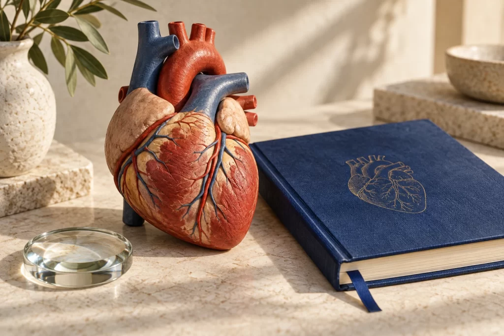 Illustrative anatomical heart model beside a blue research notebook on a light stone surface.