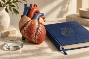 Illustrative anatomical heart model beside a blue research notebook on a light stone surface.