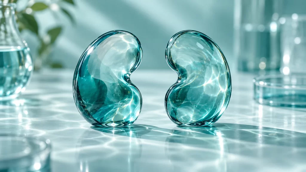 Two translucent teal glass kidney-shaped sculptures on a pale aqua surface.