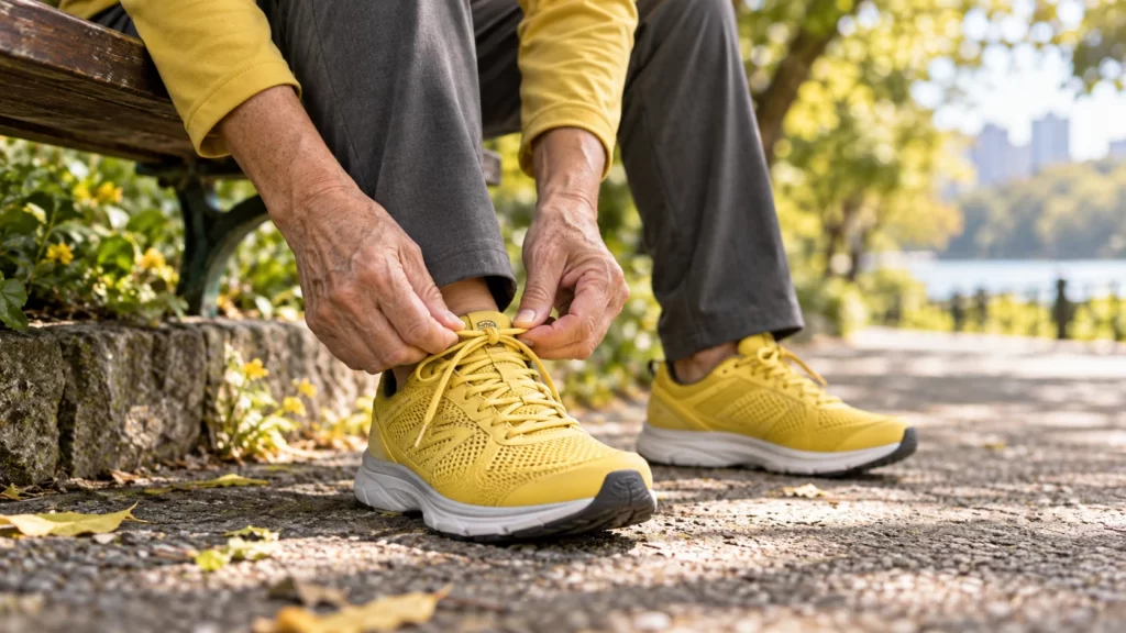 An older adult ties a yellow walking shoe beside a sunlit park path.
