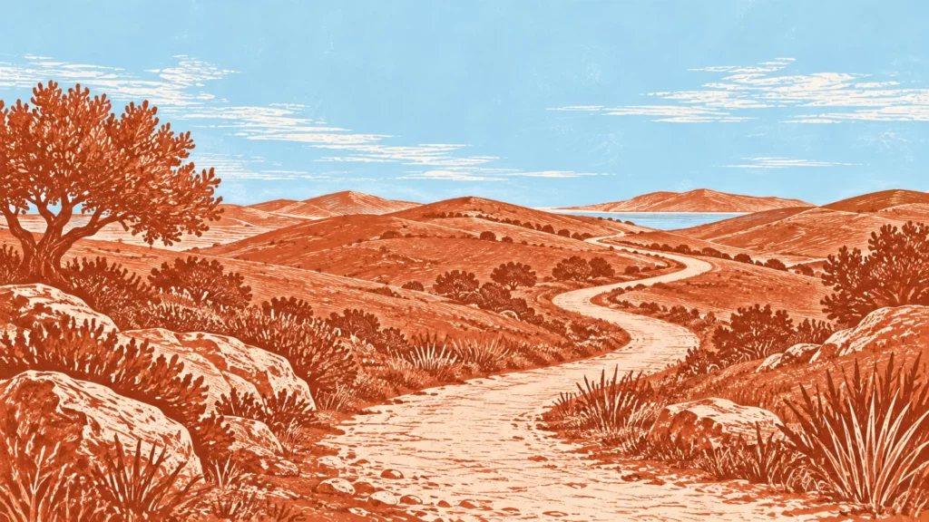 Terracotta linocut landscape with a winding trail under a sky-blue sky.