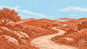 Terracotta linocut landscape with a winding trail under a sky-blue sky.