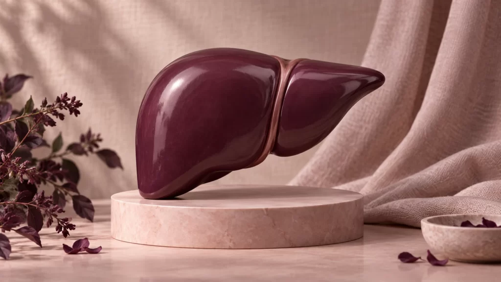 A plum ceramic liver sculpture stands on a pale rose plinth.
