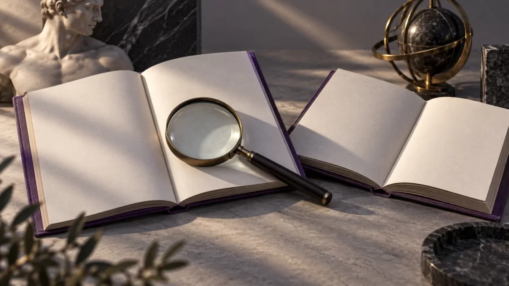 Two blank violet-bound notebooks and a magnifying glass in a gray studio still life.