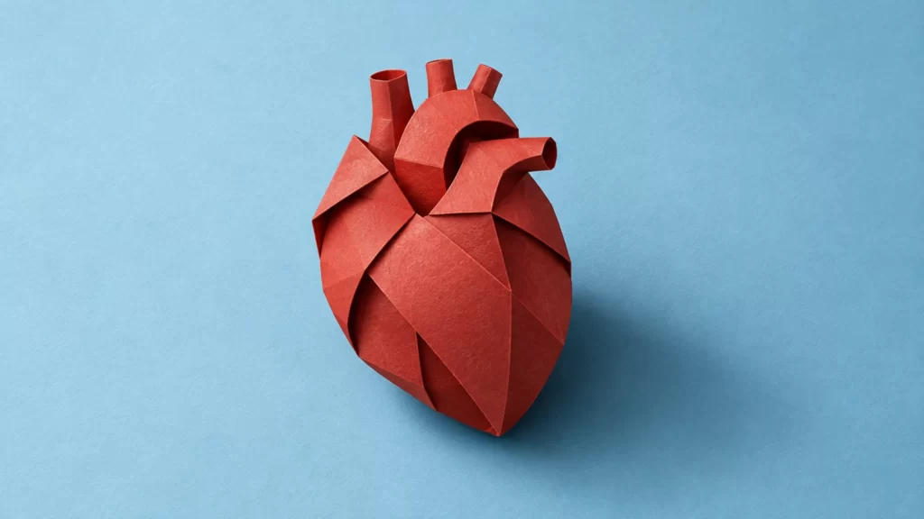 A conceptual red-ochre paper heart on an ice-blue surface.